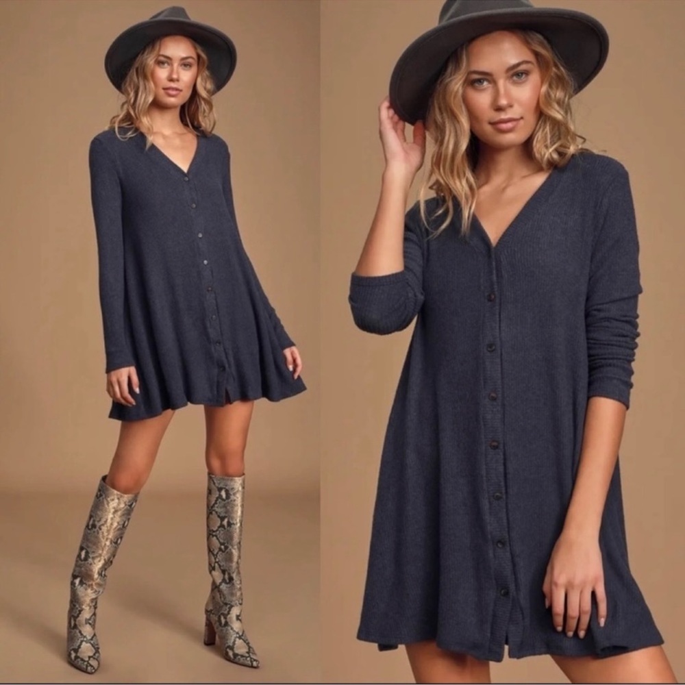 Lulus Sweet Comfort Navy Button Front Long Sleeve Ribbed Sweater Dress Size M